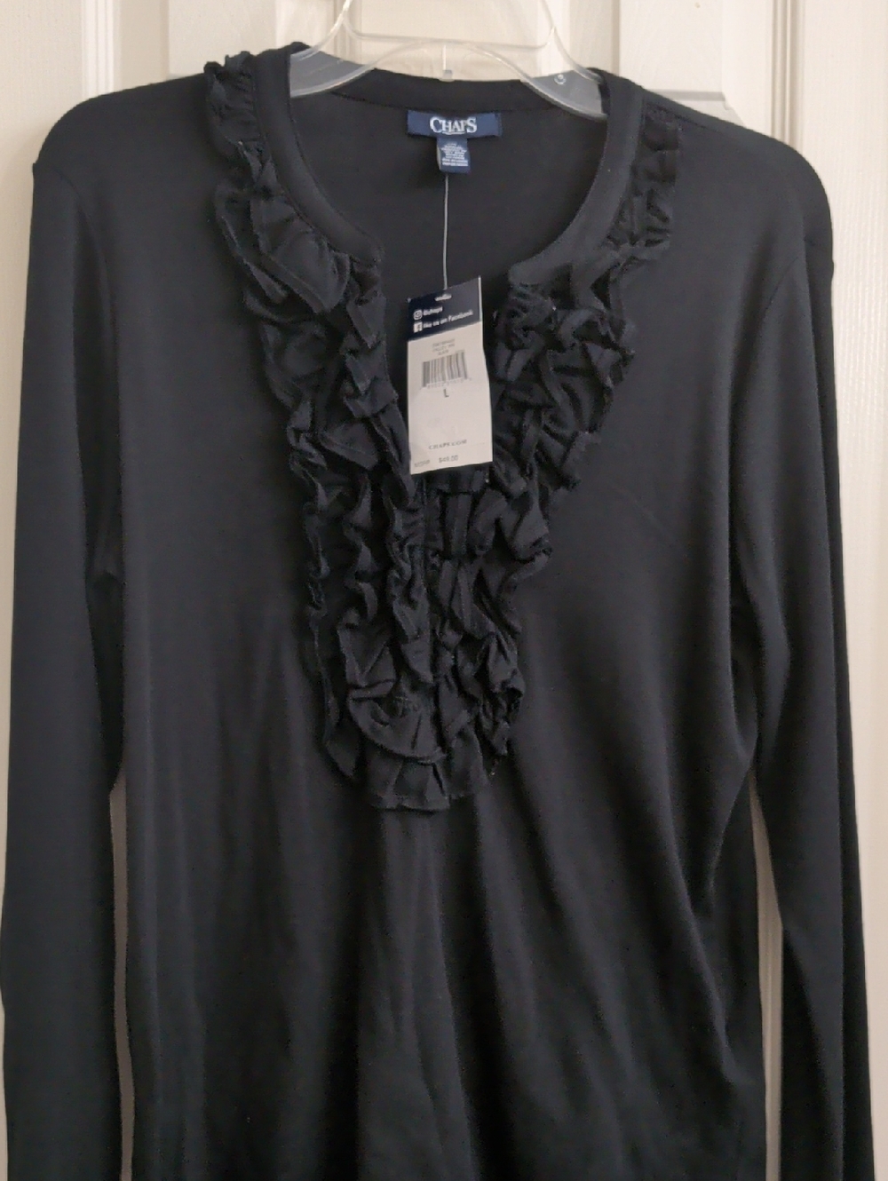 Chaps Black Long-Sleeve Ruffle V-Neck Top